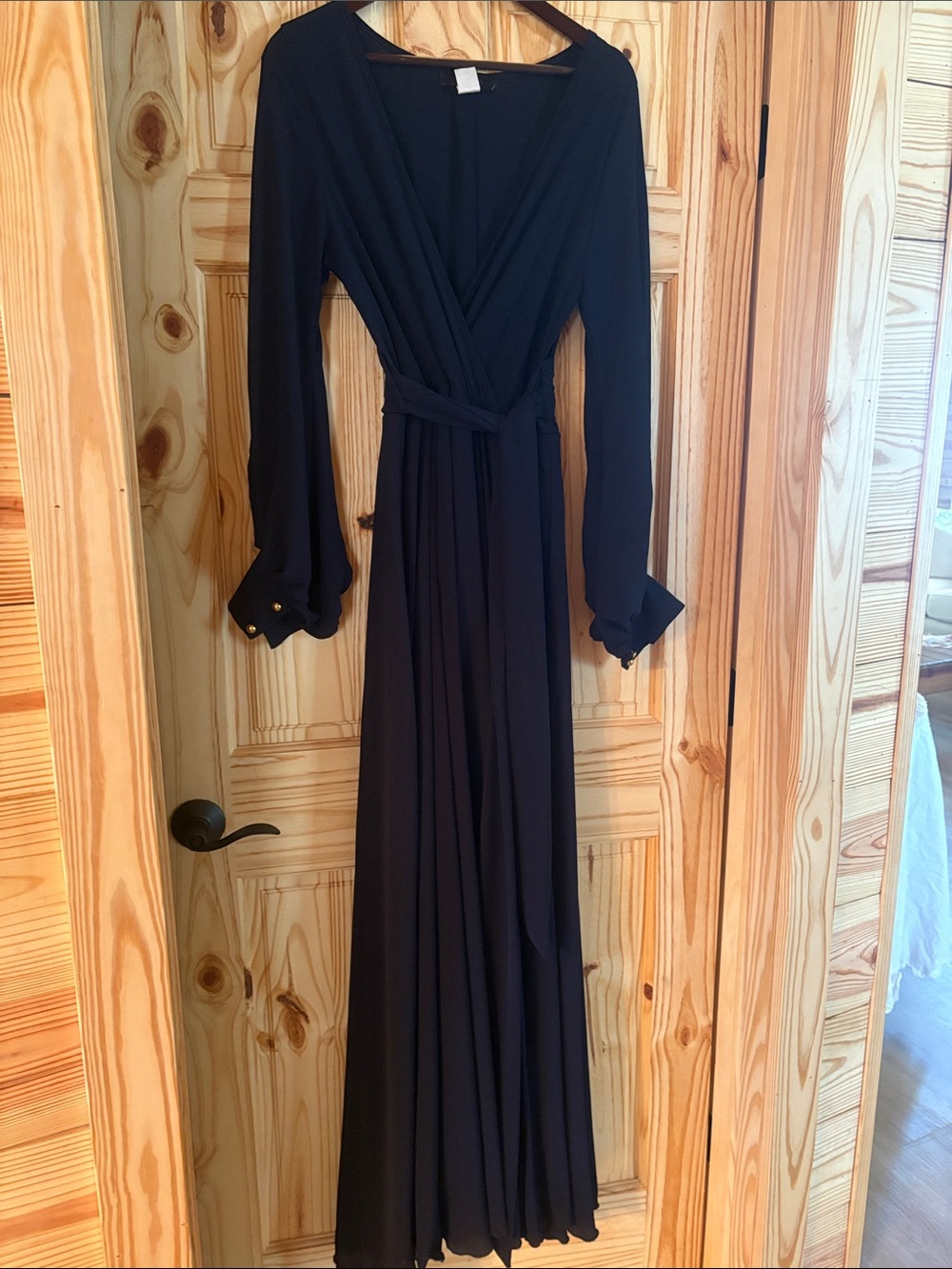 Classic Black Maxi Wrap Dress with Self-Tie Belt